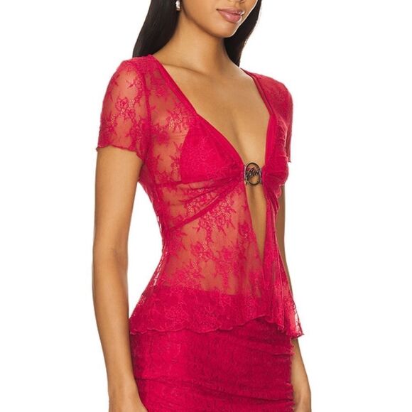 I.AM.GIA x REVOLVE Jacquey Top Red lace logo metal clasp open cropped Revolve XS - Picture 2 of 13